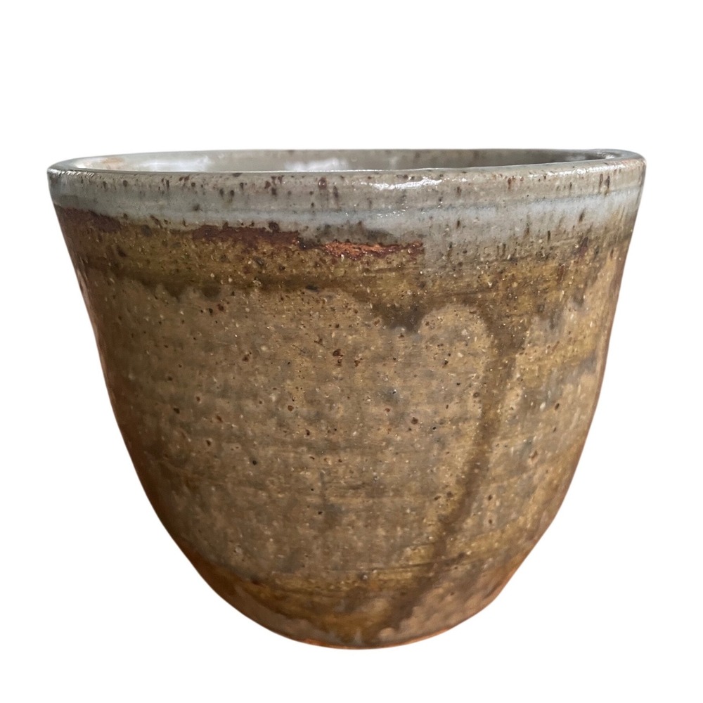 HORN Studio Pottery Bowl Planter Earth Tone Drip Glaze Speckled Clay Signed 4.5"